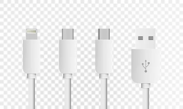 Τα περισσότερα από τα τυπικά βύσματα USB Type-C, μικρο, κεραυνό, καθολική υπολογιστή βύσμα λευκό καλώδιο, κορυφή προβολή. Διάνυσμα eps10 — Διανυσματικό Αρχείο