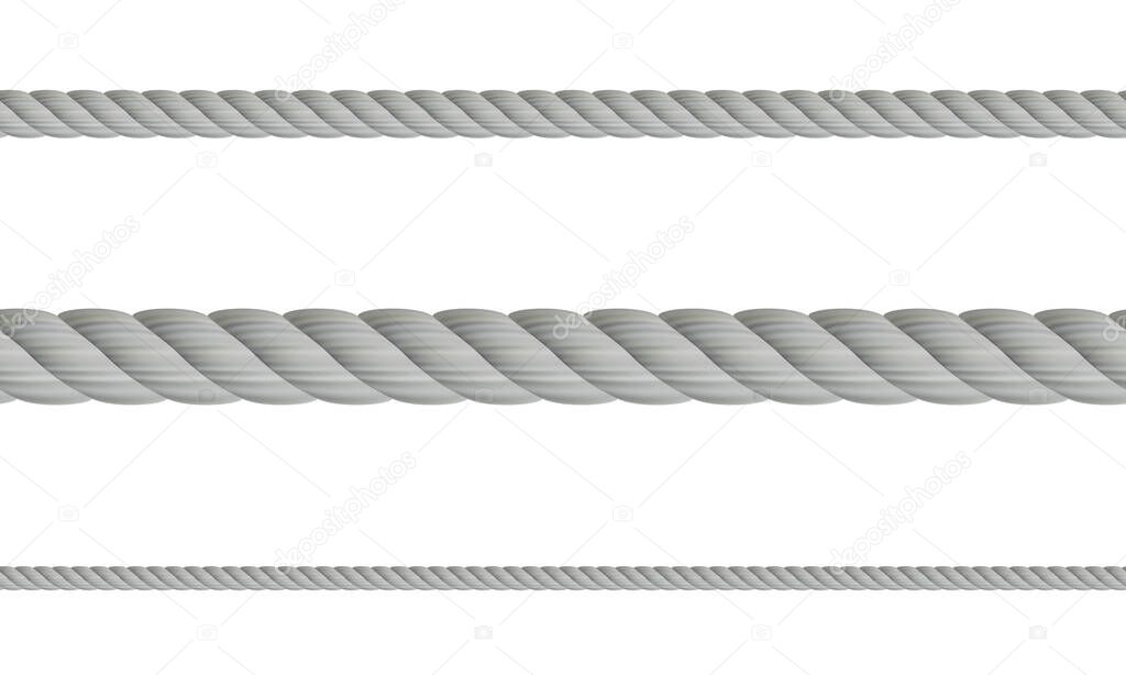 Set of realistic 3d ropes, isolated on white background. Different twine gray thickness rope. Vector illustration of twisted thick knot lines. Rope seamless pattern