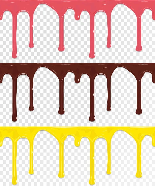 Yatay, pürüzsüz damlalar. Şeffaf arka planda izole edilmiş çikolata, pembe ve sarı. Vektör Eps10. — Stok Vektör