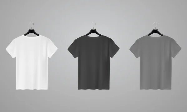 Gerçekçi tişörtler ayarlandı. Tişört şablonu. Beyaz, siyah ve gri versiyonu, ön görünüm. — Stok Vektör
