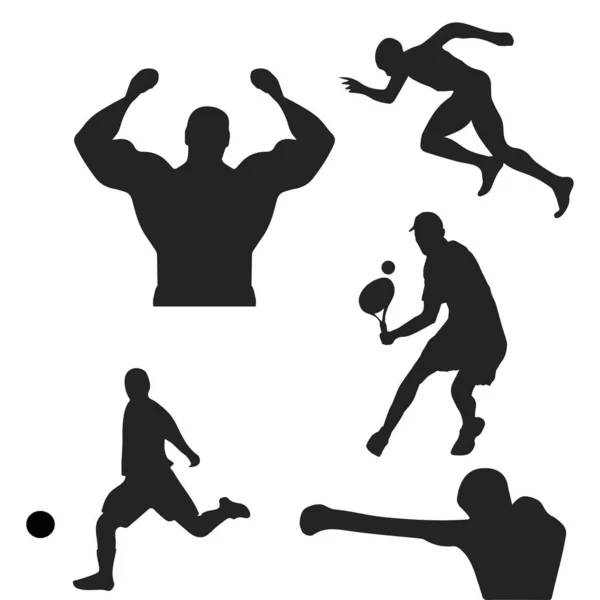 Deporte - silueta. Culturista, boxeador, tenista, futbolista, entrenamiento, running . — Vector de stock