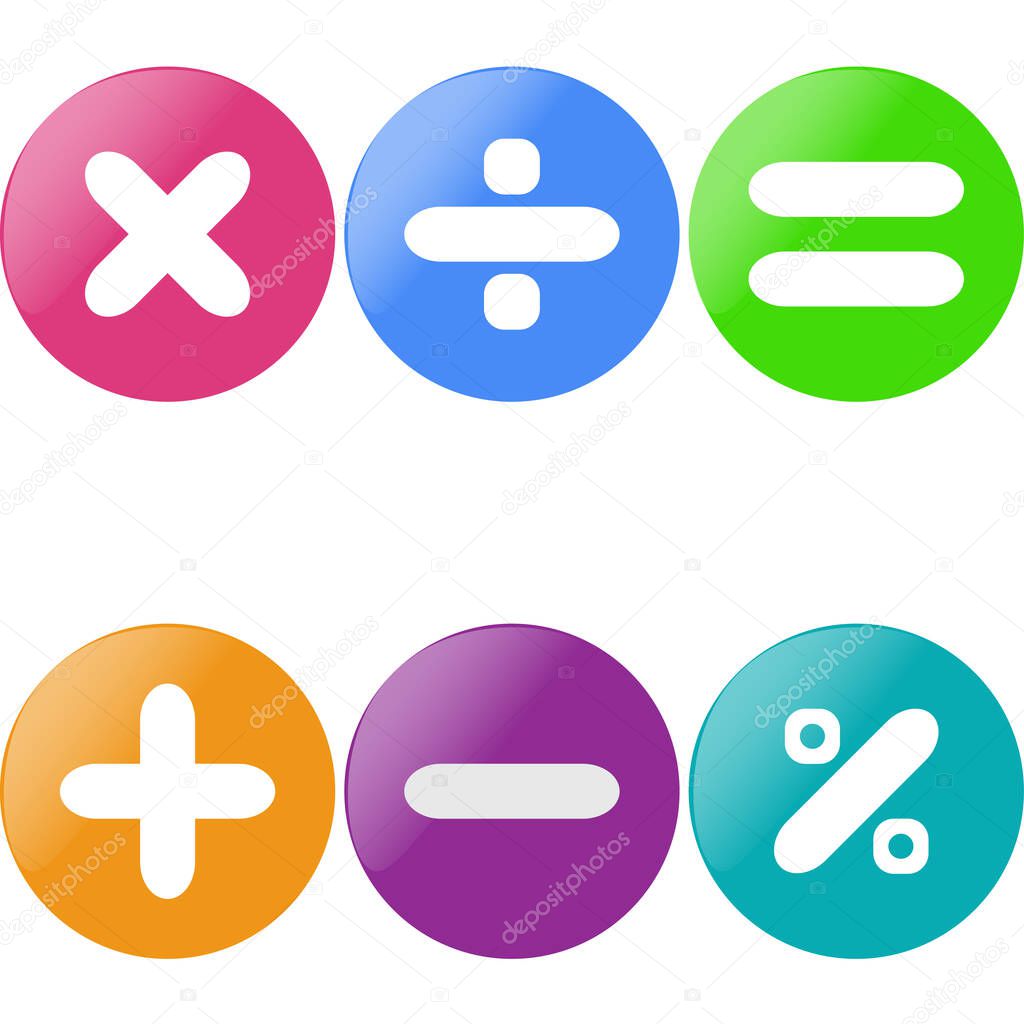 Colored glossy buttons with mathematical sign with drop shadow.