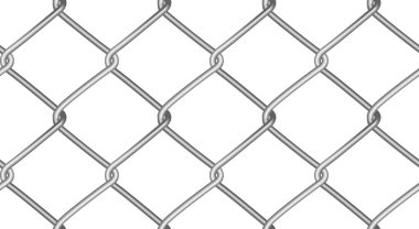 Kusursuz ağ örgüsü. Gerçekçi geometrik doku. Web sitesi arkaplanı ve katalog için grafik tasarım ögesi. Beyaz üzerine çelik tel duvar. Vektör illüstrasyonu