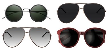 Beyaz arka planda izole edilmiş gerçekçi güneş gözlüğü seti. Vektör illüstrasyonu.