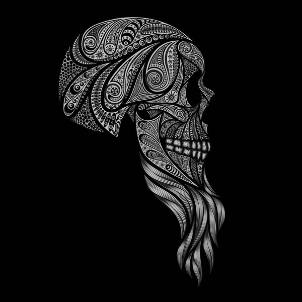 A human skull with a beard made of flowers on black background