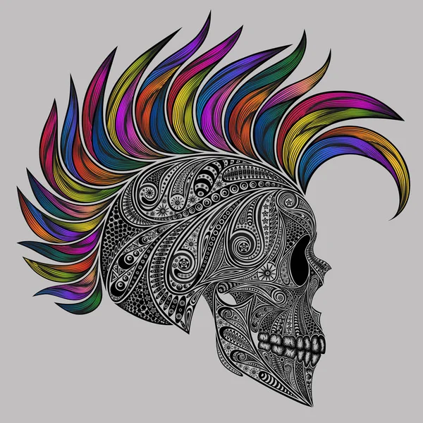 Cráneo Del Punk Calavera Humana Vectorial Hecha Flores Color Mohawk — Vector de stock