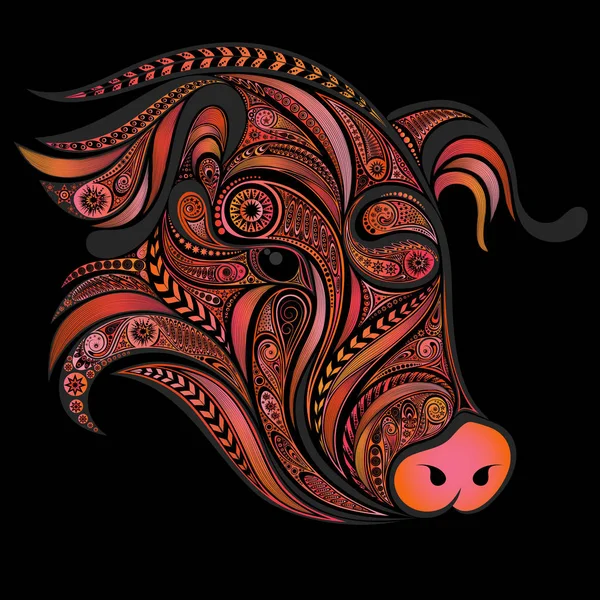 Cochon Rose Dessin Vectoriel Tête Cochon Fleurs Sur Fond Noir — Image vectorielle