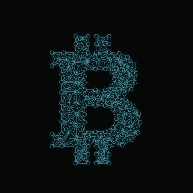 Bitcoin. Neon aydınlatma. Siyah bir arka plan üzerinde parlayan logo vektör mavi