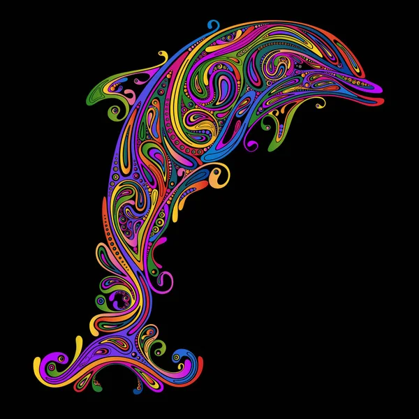Abstracto Vector Colores Patrones Delfines Sobre Fondo Negro — Archivo Imágenes Vectoriales