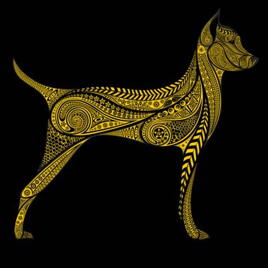 Sarı bir köpek. Yeni yıl 2018 sembolü. Vektör siluet siyah bir zemin üzerine hayvan desenleri