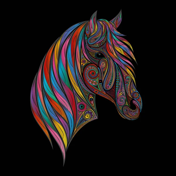 Color Vector Caballo Hermosos Patrones Sobre Fondo Negro — Vector de stock