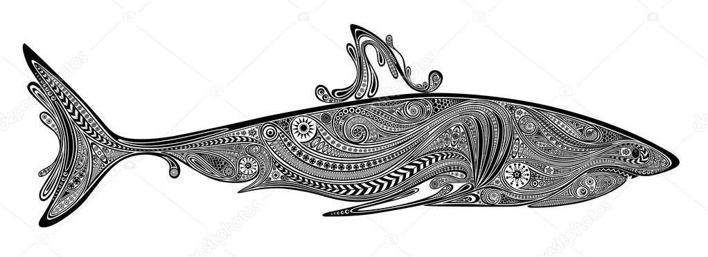 Abstract vector silhouette of a shark of beautiful patterns