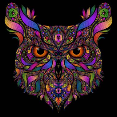 Siyah bir arka plan üzerinde renkli soyut desenler bir baykuş Başkanı vektör