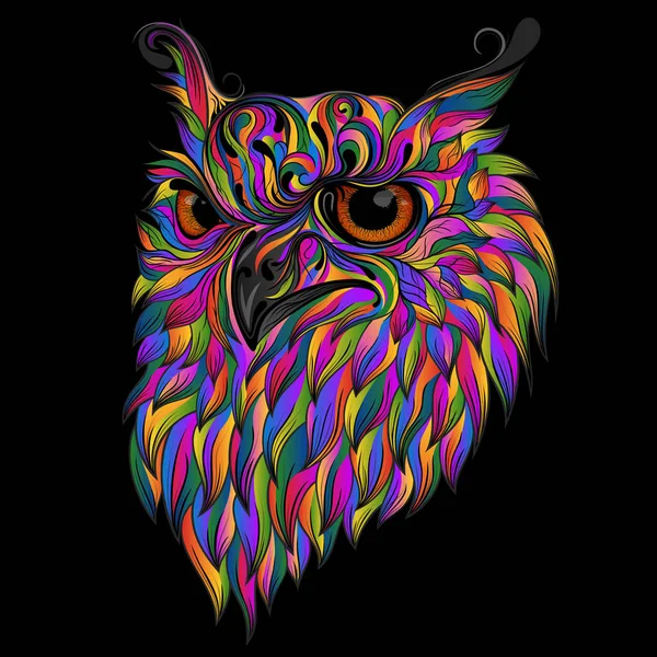 Beautiful Vector Owl Colored Feathers Black Background — Stock Vector