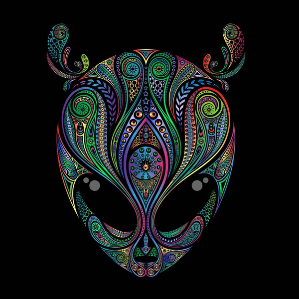 Vintage Head Colored Alien Patterns Black Background — Stock Vector