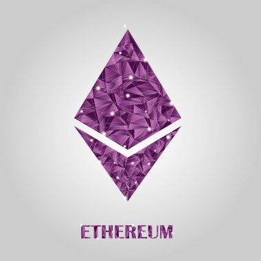 Ethereum düşük poli tarzıdır. Lila gradyanlar içinde kripto birimlerinin vektör simgesi