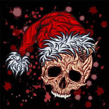Krampus. Vektör kafatası bir yılbaşı şapkası ve kanlı sıçraması ile