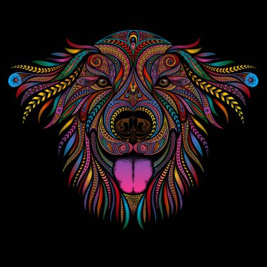 Siyah bir arka plan üzerinde desenler dışında pembe bir dili ile neşeli vektör köpek