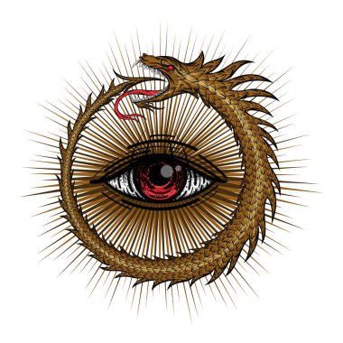 Antik Mısır sembolü Ouroboros. Vektör yılan kuyruğu bir halka şeklinde ısırma. All-gören göz merkezi