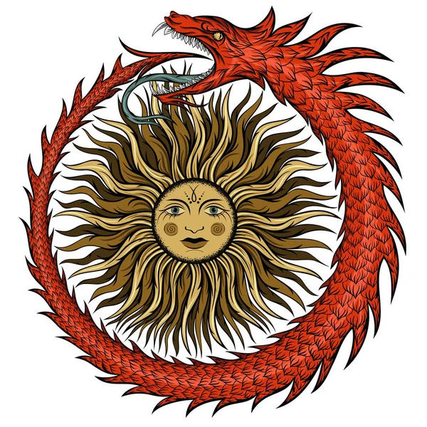 Symbole Égyptien Ancien Ouroboros Serpent Mordant Queue Soleil Intérieur Illustration — Image vectorielle