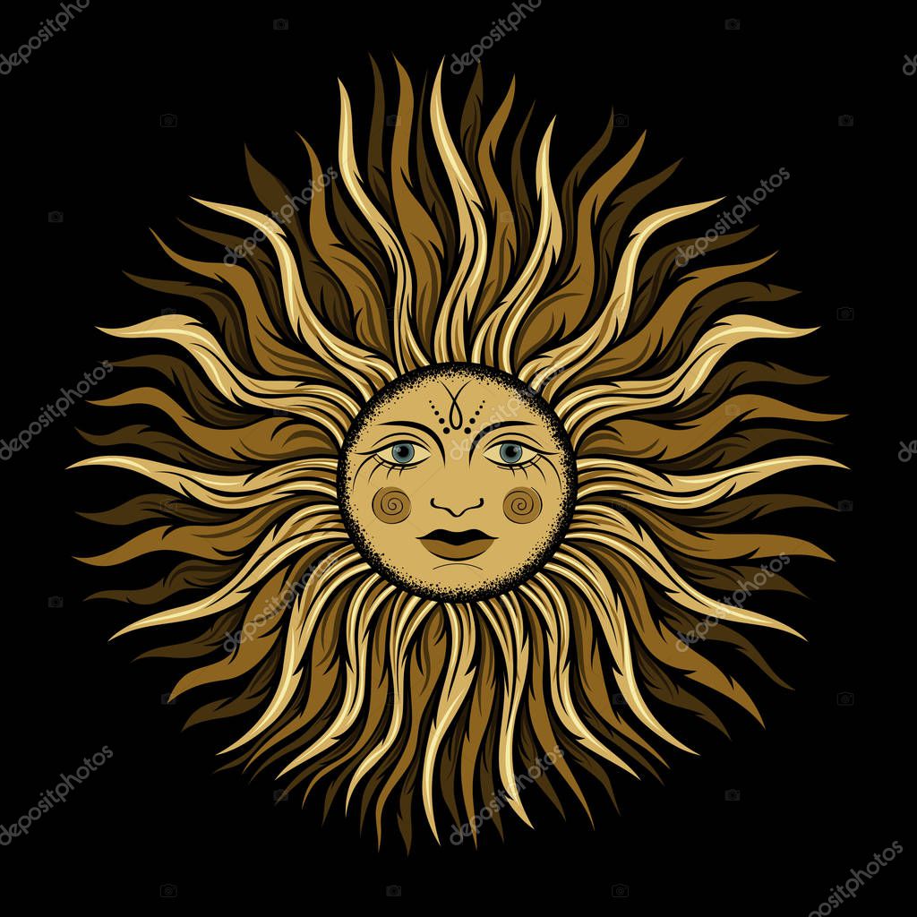 Vector illustration. Vintage vector sun with face