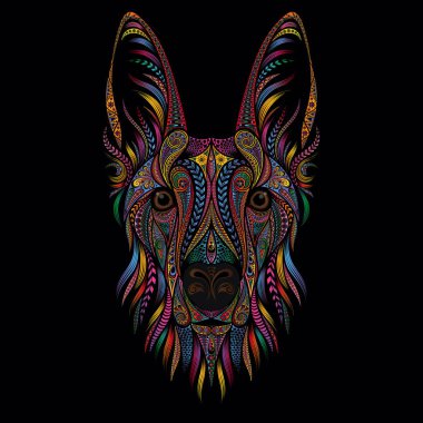 Siyah bir arka plan üzerinde renk desenlerinden bir çoban köpek portresi. Vektör çizimi