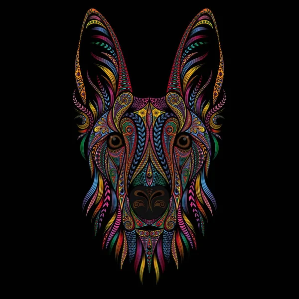 Portrait of a shepherd dog from color patterns on a black background. Vector illustration — Stock Vector