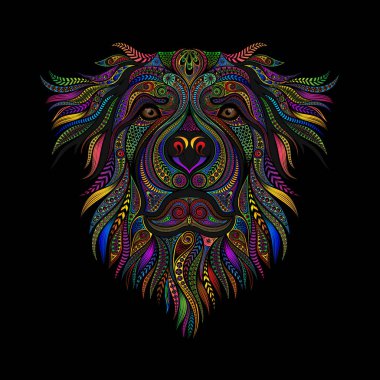 Siyah arkaplandaki desenlerden bir köpeğin renk vektör çizimi