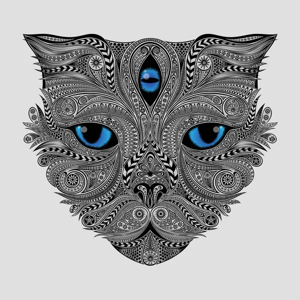 Vector Blue Eyed Cat Third Eye Patterns Zentangle Style — Stock Vector