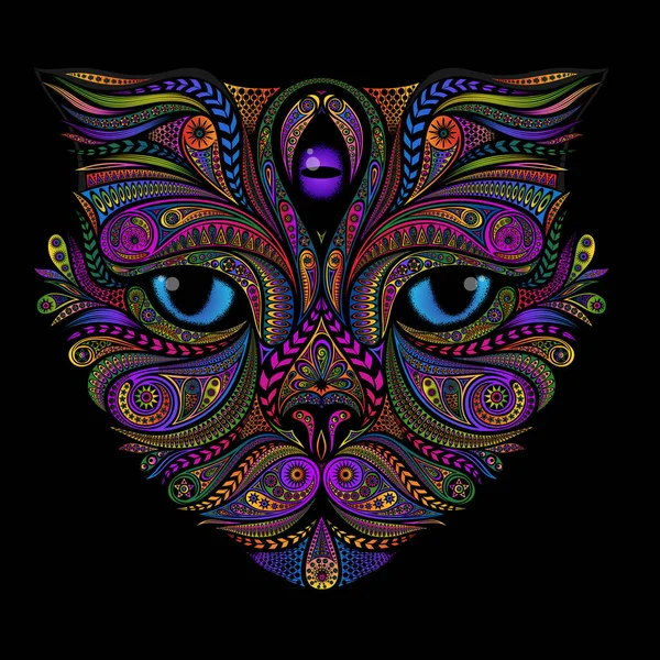 Colored Vector Cat Third Eye Patterns Zentangle Style — Stock Vector