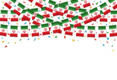 Iran bayrağı garland beyaz arka plan konfeti ile asmak için İran bağımsızlık günü kutlama şablon banner, vektör çizim kiraz kuşu