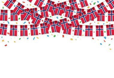 Norveç bayrağı garland beyaz arka plan konfeti ile asmak için Norveç bağımsızlık günü kutlama şablon banner, vektör çizim kiraz kuşu