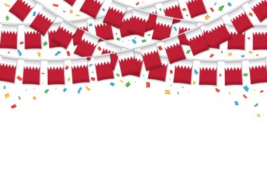 Bahreyn bayrakları garland beyaz arka plan konfeti ile asmak için Bahreyn bağımsızlık günü kutlama şablon banner, vektör çizim kiraz kuşu