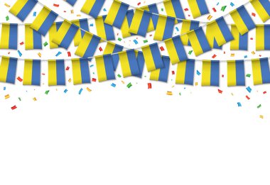 Ukrayna bayrakları garland beyaz arka plan konfeti ile asmak için Ukraynalı bağımsızlık günü kutlama şablon banner, vektör çizim kiraz kuşu