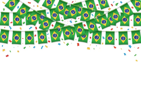 Brasilianische Flaggen Girlanden Weißen Hintergrund Mit Konfetti Hängen Fahnenmasten Für — Stockvektor