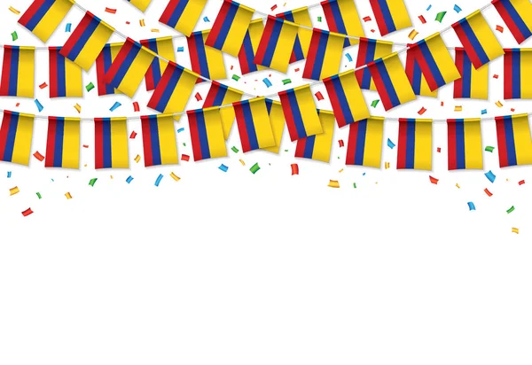 Kolumbien Flaggen Girlanden Weißen Hintergrund Mit Konfetti Hängen Fahnenmasten Für — Stockvektor