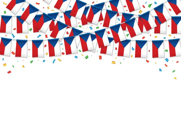 Tsjechische Vlaggen Garland Witte Achtergrond Met Confetti Opknoping Bunting Voor — Stockvector