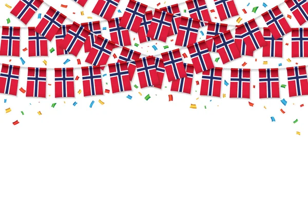 Norwegia Flaga Garland Białe Tło Konfetti Powiesić Trznadel Dla Norwegii — Wektor stockowy