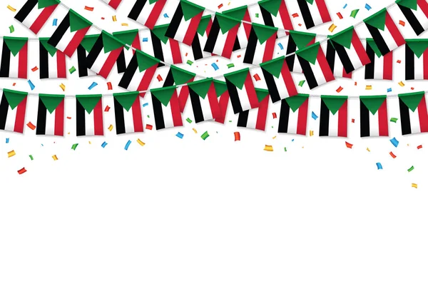 Sudan Flag Garland Putih Latar Belakang Dengan Confetti Hang Bunting - Stok Vektor