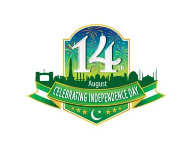 14 Ağustos kutluyor bağımsızlık günü logosu, tipografik amblem ve gri arka plan, vektör çizim ile rozet