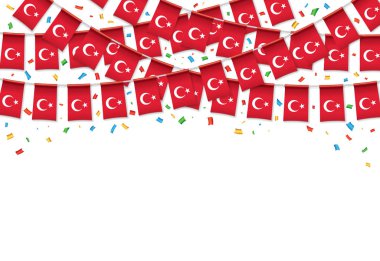 Türk bayrakları garland beyaz arka plan konfeti ile asmak için hindi günü kutlama şablon banner, vektör çizim kiraz kuşu