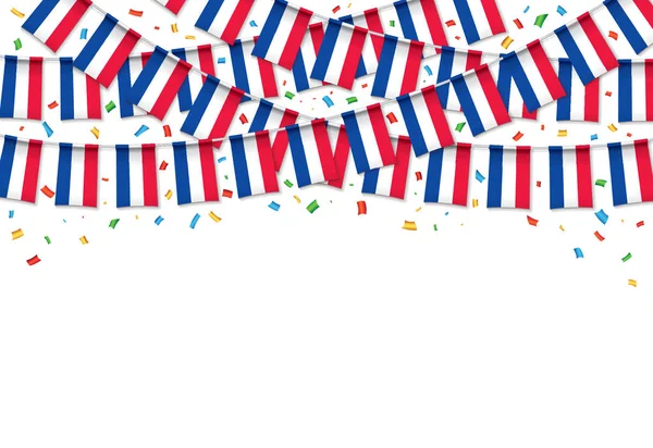 Banderas Francia Guirnalda Fondo Blanco Con Confeti Hang Bunting Para — Vector de stock