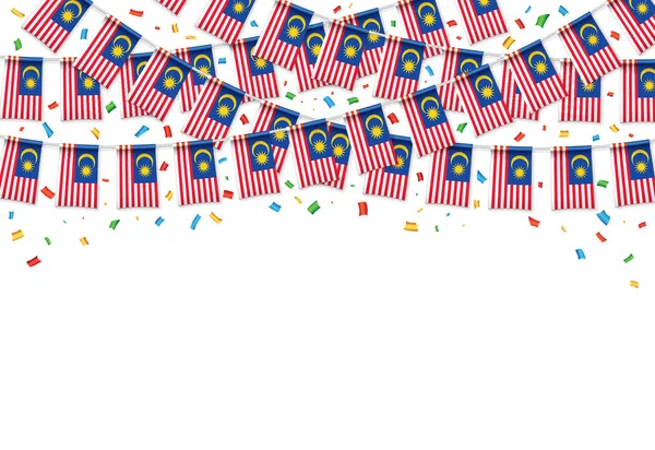 Флаги Малайзии Гирлянда Белом Фоне Конфетти Висит Флажок Празднования Дня — стоковый вектор