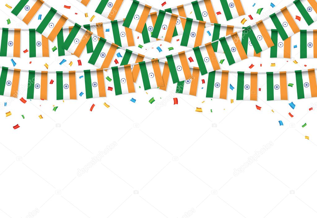 India flags garland white background with confetti, Hang bunting for Indian Independence Day celebration template banner,  Vector illustration