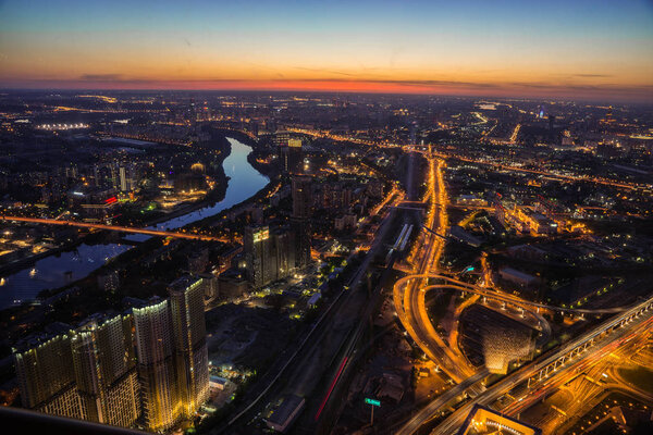 Scenic night view with lights on Moscow from height