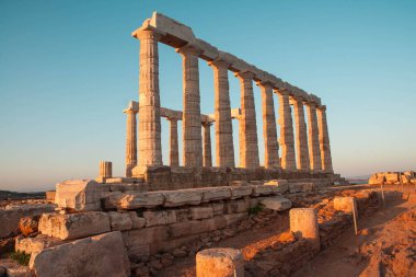 Poseidon Tapınağı resim gün batımında, Atiika, Yunanistan