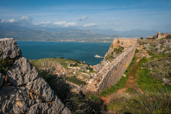 View of island and Bourtzi fortress from Nafplion on Peloponnese in Greece