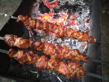 Görüntü üzerinde şiş üzerinde kömür ızgara domuz eti