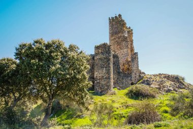 Tejeda y Segouela, Castilla y Leon, İspanya Salamanca bir kale kalıntıları görüntüsünü