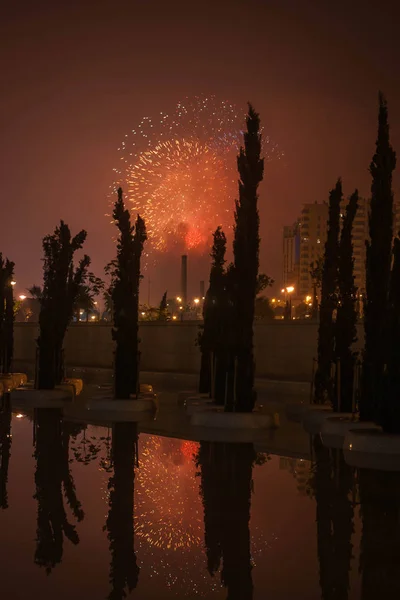 Fuegos Artificiales Fondo Ciudad Nocturna Valencia España — Foto de Stock